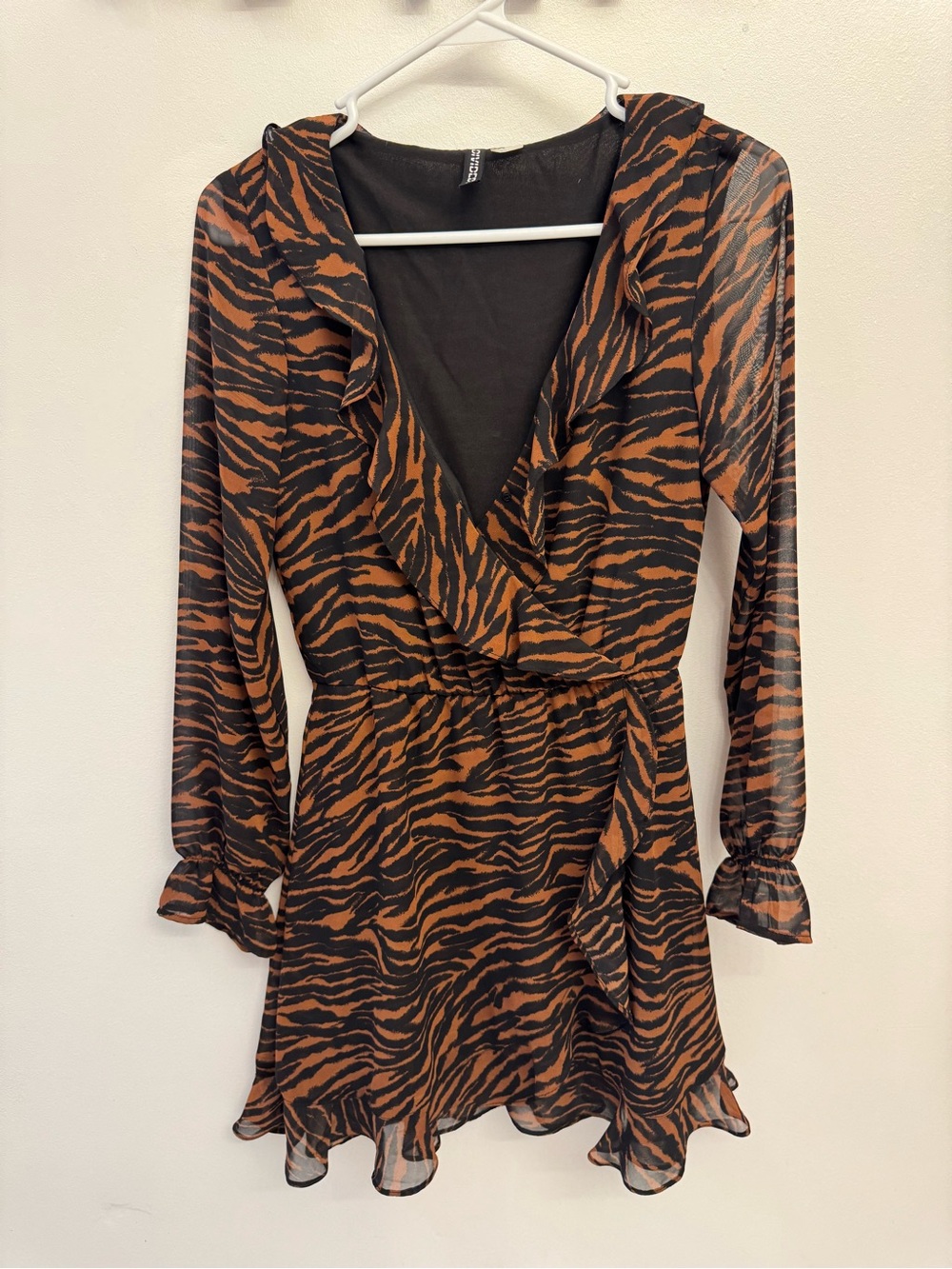 H&M Black and Brown Tiger-Print Wrap Dress
